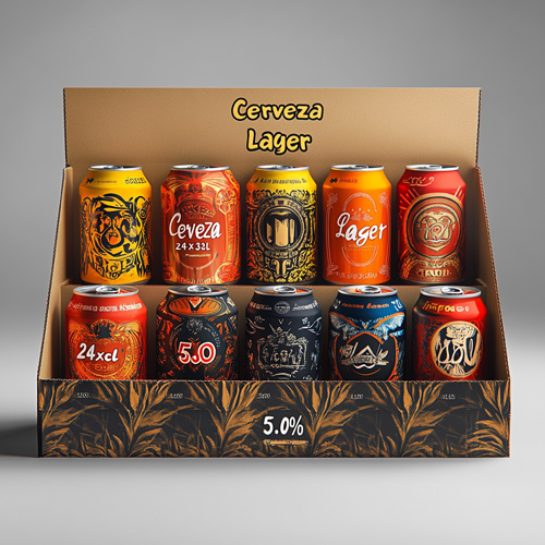 Expositor de cartón con latas de cerveza de diferentes diseños y colores, pensado para atraer la atención en el lineal del supermercado