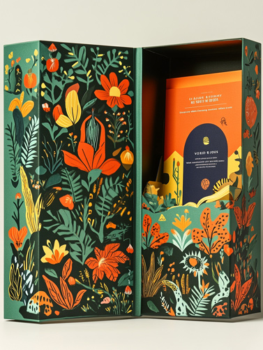Ejemplo de packaging para libros de edición especial con diseño floral impreso en alta calidad, ideal para colecciones editoriales que buscan un envoltorio llamativo y premium