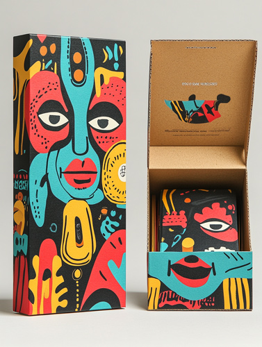 Caja de cartón con diseño original y colorido como ejemplo de packaging para libros creativos, ideal para autores o editoriales que buscan destacar visualmente sus publicaciones