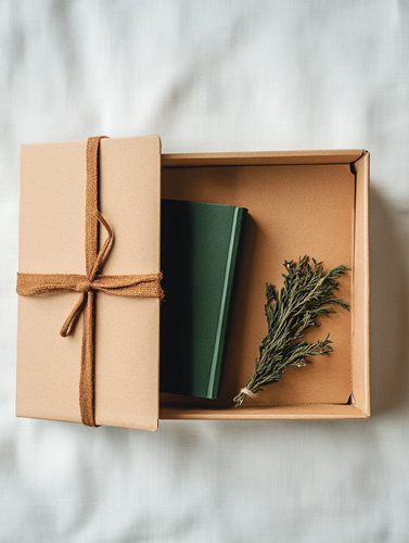 Caja de cartón kraft con lazo de cuerda natural y libro verde en su interior, junto a una rama decorativa, como ejemplo de packaging para libros sostenibles