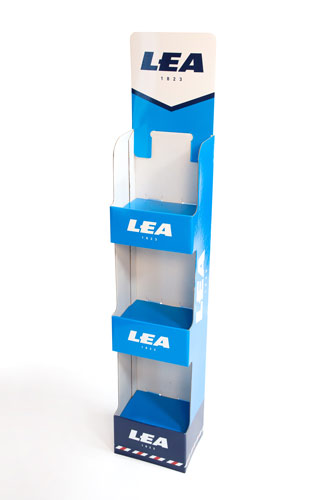 Expositor de cartón tipo PLV para productos de higiene LEA en punto de venta