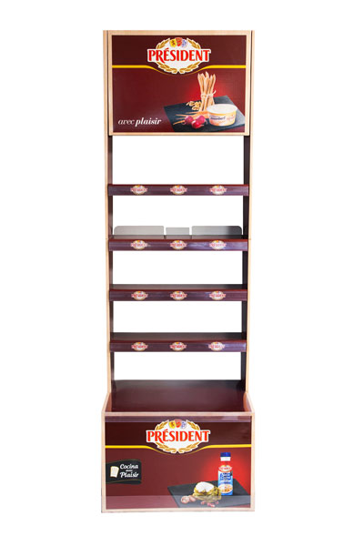 Expositor tipo PLV personalizado para quesos Président en lineal de supermercado