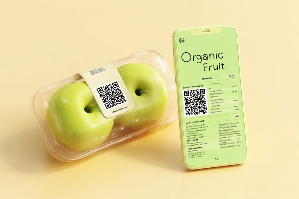 Ejemplo de smart packaging alimentario: envase con manzanas verdes, código QR y móvil mostrando información nutricional