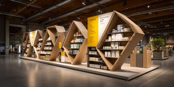 Expositores modulares hechos de cartón con diseño geométrico, mostrando productos en una feria comercial interior, iluminación cálida y entorno profesional