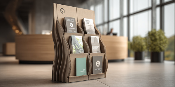 Expositor modular de cartón con folletos informativos en la recepción de una oficina moderna, diseño ondulado y minimalista, luz natural desde ventanales