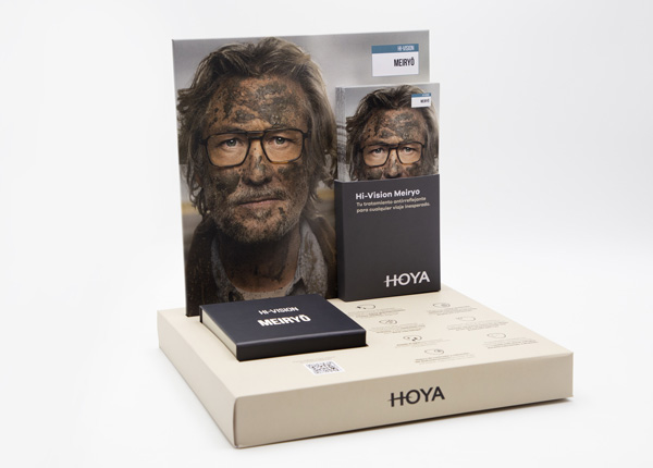 Expositor PLV de mostrador para ópticas con folleto promocional del tratamiento antirreflejante Hi-Vision Meiryō de HOYA
