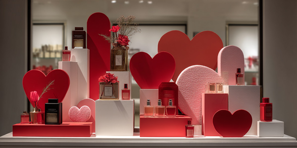 PLV temporal para San Valentín con perfumes en exhibidor rojo y blanco en forma de corazón