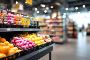 Zona de frutas y estanterías de supermercado con posible ubicación para PLV temporal moderno y colorido