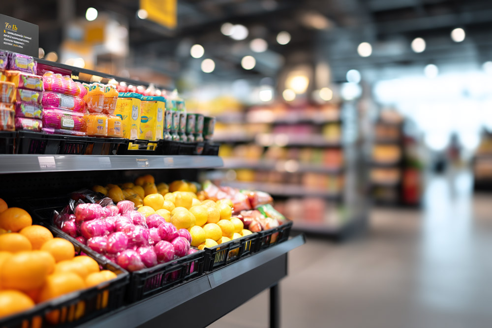 Zona de frutas y estanterías de supermercado con posible ubicación para PLV temporal moderno y colorido