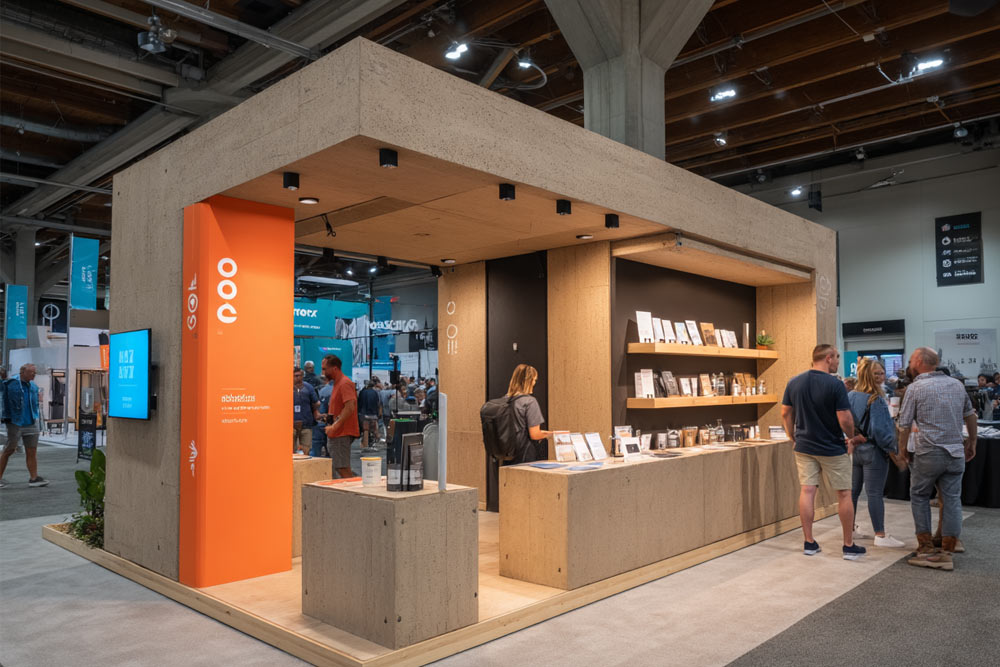Stand modular con diseño contemporáneo y expositores modulares para catálogos y productos en una feria comercial, visitantes observando el espacio