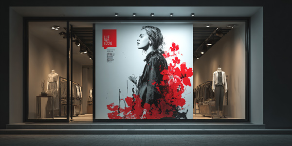 Escaparate de tienda de moda con decoración visual impactante, vinilo artístico en gran formato y maniquíes a ambos lados