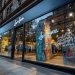 Escaparate de tienda de ropa decorado con arte urbano, pintura sobre cristales y elementos visuales llamativos para captar la atención en la calle