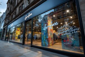 Escaparate de tienda de ropa decorado con arte urbano, pintura sobre cristales y elementos visuales llamativos para captar la atención en la calle