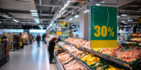 Cartel amarillo y verde con descuento del 30% colgado en pasillo de frutas, ejemplo de PLV en punto de venta