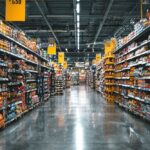 Pasillo de supermercado con estanterías llenas y varios elementos de PLV visibles, como expositores y cartelería promocional
