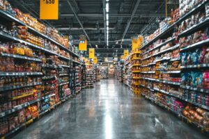 Pasillo de supermercado con estanterías llenas y varios elementos de PLV visibles, como expositores y cartelería promocional
