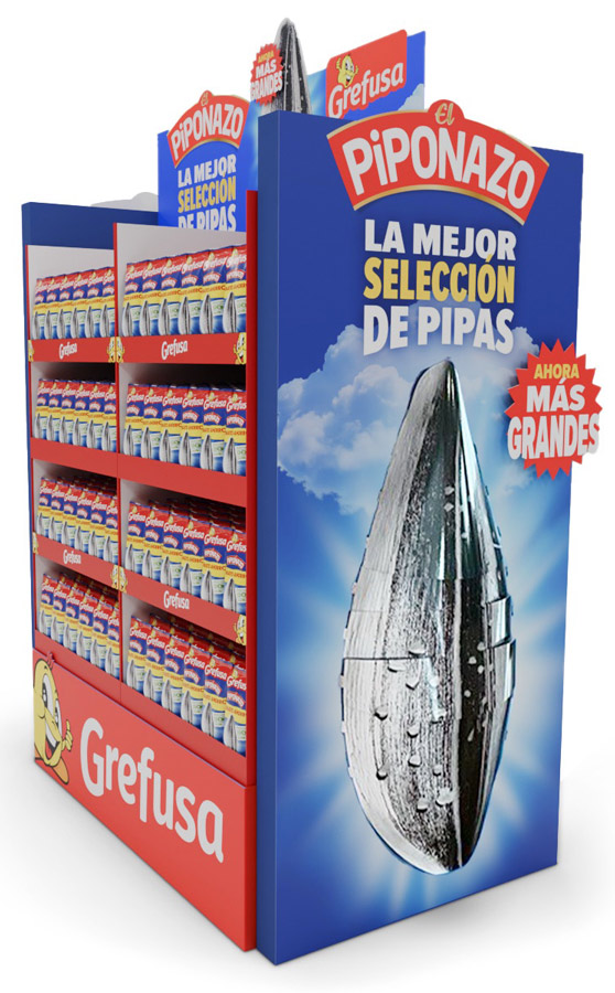 Expositor de cartón Piponazo Grefusa como ejemplo de PLV de alimentación en gran distribución