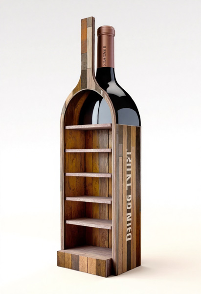 Expositor de cartón con forma de botella para PLV de botellas de vino, con estantes vacíos y acabado efecto madera
