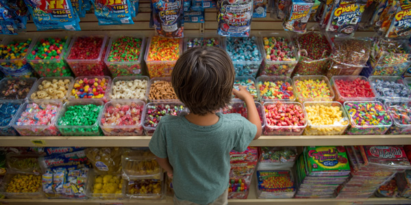 Niño eligiendo productos colocados en estanterías bajas, ejemplo de cómo colocar los productos en tienda de comestibles según el público objetivo