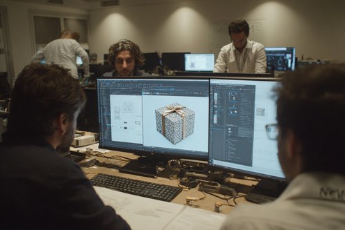 Equipo de diseño desarrollando packaging Navidad estructural y gráfico en fábrica