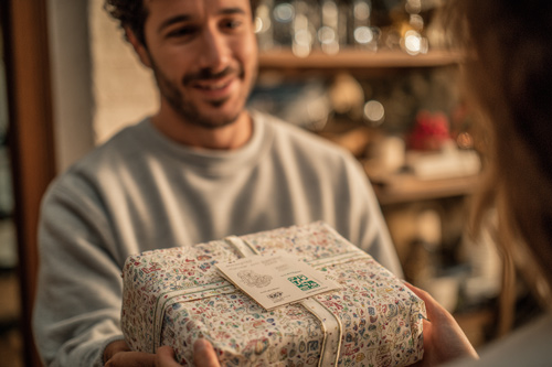 Packaging Navidad sostenible en manos de un consumidor feliz