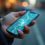 Uso de herramientas de geomarketing en un smartphone con mapa geolocalizado y pines de ubicación