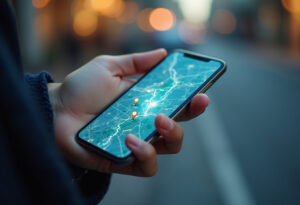 Uso de herramientas de geomarketing en un smartphone con mapa geolocalizado y pines de ubicación