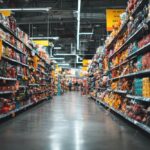 Vista completa de un pasillo de supermercado con wobblers publicitarios colgando de las estanterías, utilizados para destacar promociones. Muestra clara del uso de wobblers en el punto de venta