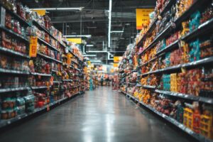 Vista completa de un pasillo de supermercado con wobblers publicitarios colgando de las estanterías, utilizados para destacar promociones. Muestra clara del uso de wobblers en el punto de venta