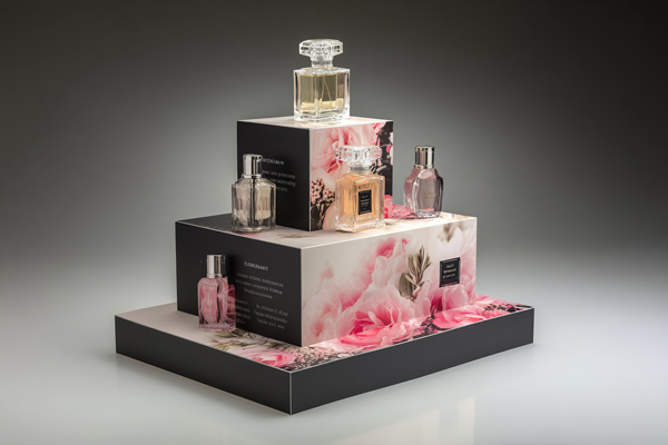 Expositor PLV perfumería en cartón rígido con diseño escalonado, impreso a todo color con motivos florales, utilizado para mostrar varias fragancias en un punto de venta de perfumería