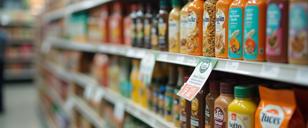 Estantería de supermercado con zumos naturales y un wobbler publicitario colgante que indica una oferta. Buen ejemplo del diseño de un wobbler en PLV