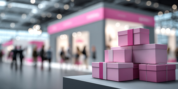 Cajas de regalo personalizadas en stand de feria, ideales para captar clientes y reforzar la presencia de marca en eventos