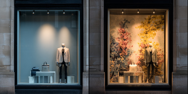 Dos escaparates del mismo comercio: uno plano y frío frente a otro con fondo decorado e iluminación cálida que invita a entrar