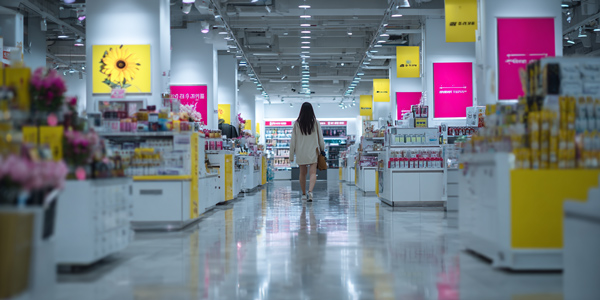 Comparativa de pasillo: izquierda lineal apagado y vacío; derecha góndolas ordenadas, señalética y clientes mejorando la experiencia de compra