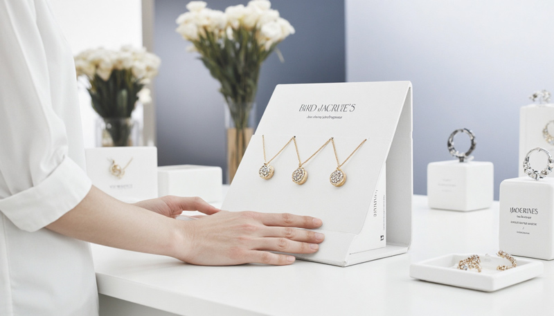 Personal de tienda montando un display de cartón para joyería, mostrando lo fácil y rápido que es instalar el PLV en el punto de venta