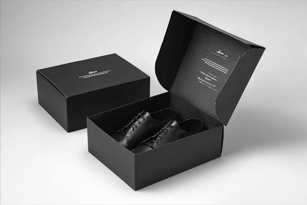 Caja negra de packaging para zapatos, rígida y premium, con un par de zapatos negros en su interior y tapa abierta mostrando diseño creativo y reutilizable