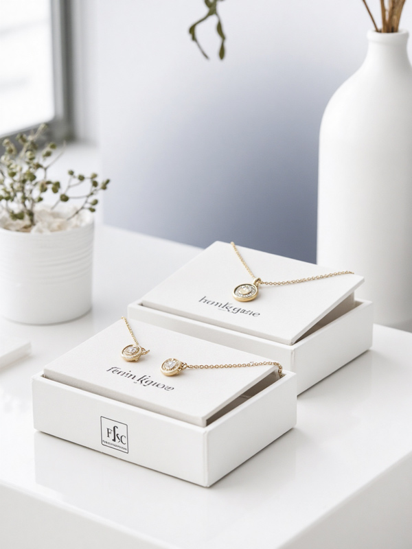 Expositores de cartón blanco con certificación FSC, diseñados para comunicar sostenibilidad y responsabilidad ambiental en joyerías