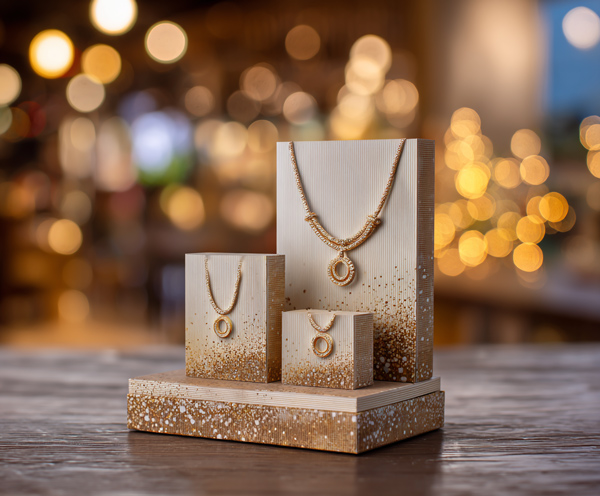 Expositor de cartón para joyería con collares, diseño minimalista y fondo desenfocado estilo boutique, ideal para campañas premium
