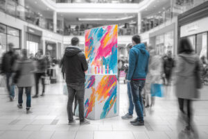 Stand promocional en centro comercial ofreciendo productos gratis como parte de una estrategia de sampling y sample en tienda