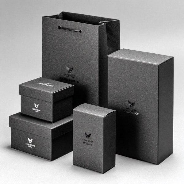 Cajas de packaging negro con acabado mate, ejemplo de fabricación precisa y control de calidad industrial para empresas.