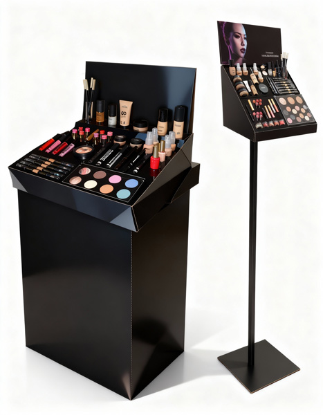 Expositor PLV de maquillaje en cartón negro laminado, con productos cosméticos organizados para demostración en mostrador. Diseño a medida por fabricantes de PLV para maquillaje