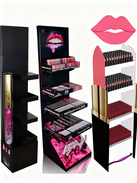 Tres expositores PLV de maquillaje fabricados en cartón laminado negro con diseño vertical, ideales para productos de cosmética y campañas en punto de venta. Fabricados por especialistas en PLV para maquillaje