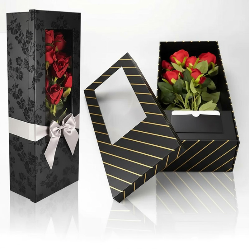 Cajas de regalo negras con diseño elegante para packaging de ramo de flores con rosas rojas