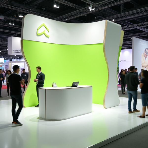 Stands para eventos corporativos con mostrador blanco y fondo verde en feria profesional