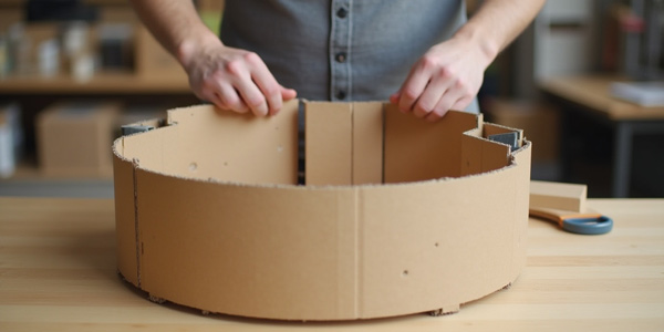 Persona ensamblando estructura de cartón para la fabricación de una isla promocional en punto de venta