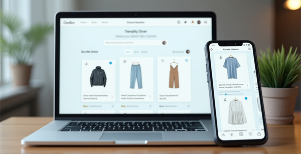 Pantallas de portátil y móvil mostrando un catálogo de ropa en una interfaz de marketplace vertical especializado