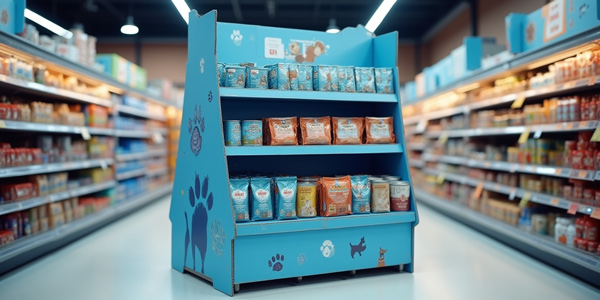Expositor tipo isla promocional azul con productos para mascotas en pasillo de supermercado