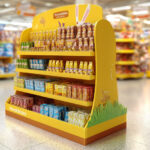 Expositor tipo isla promocional en supermercado con productos de colores y diseño atractivo para destacar en el punto de venta