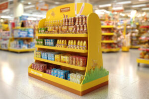 Expositor tipo isla promocional en supermercado con productos de colores y diseño atractivo para destacar en el punto de venta