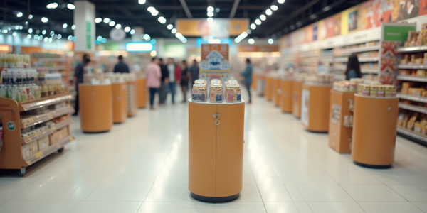 Islas promocionales con productos organizadas en pasillo central de supermercado para destacar artículos en oferta